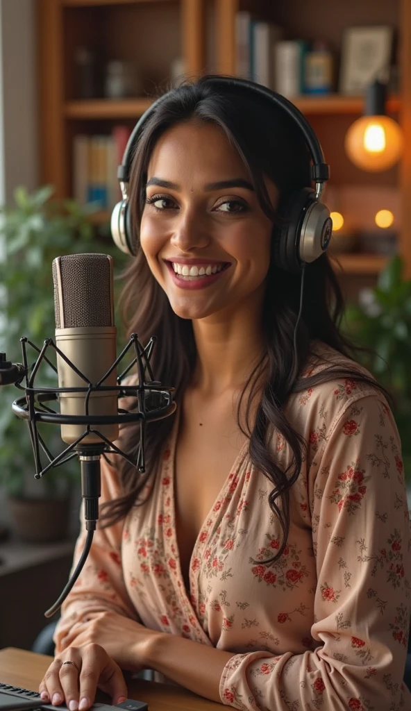 smiling woman in a recording studio with headphones on, girl in studio, studio recording, in a studio, high quality portrait, beautiful studio face, new song, vocalist, backup vocalists, sitting in front of a microphone, singer in the voice show, singing into microphone, promo art, close up portrait shot, shot on sony a 7 iii, singing for you
