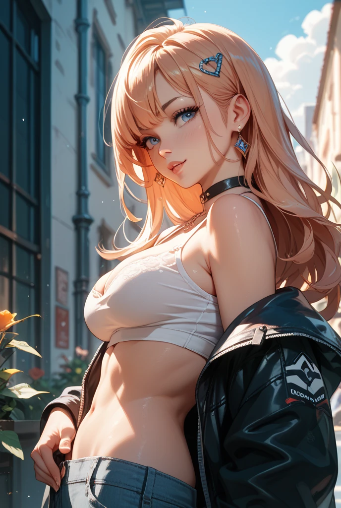 1girl, absurdres, high res, ultrasharp, 8K, masterpiece, looking at viewer, human, thighs, breasts, huge breasts, cleavage, underboob, long hair, black hair, red eyes, earrings, collar, crop top, open jacket, skirt, naval, blush, transparent, pink fox ear, fox tail, 16 -18 year