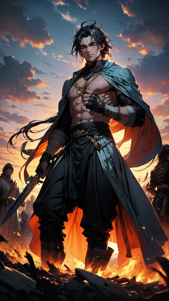 Make the msost beautiful picture that you can, whatever you want to make, make it a beautiful landscape, make it very beautiful, add some animals, add a warrior in the background, it is of medieval times, he's holding a big rijbdulahwyhbkked sword, has bow and arrows on hims back and is wearing cool clothes, he's standing with his sword out in front of a village, make it look like an anime, he's tall and looks very handsome, he's wearing a mask, he has a great body, he's buff and looks menacing, he has a big body, he looks like a bodybuilder