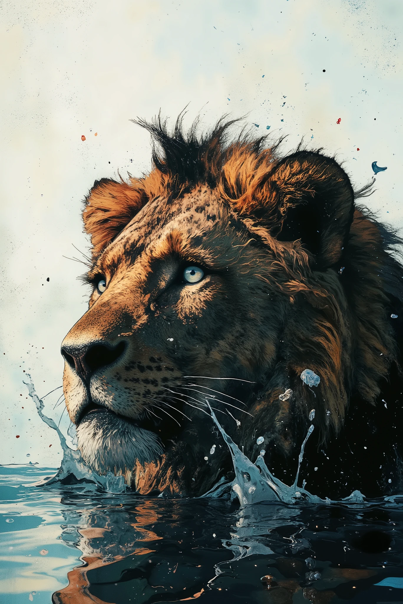 A majestic powerful lion with piercing ice-blue eyes is partially submerged in crystal clear water, only his head is visible above the surface. The water sways slightly around his muzzle, creating a soft splashing effect. The lion's fur is wet and slightly matted, glistens in soft, bright light, which creates a high-contrast, minimalistic look. The background is clean and light, almost white, with a faint gradient accentuating the serene, cold atmosphere.