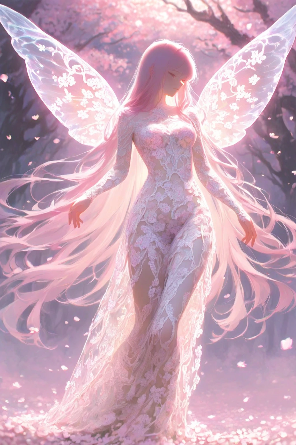 (masterpiece), (realistic), (highest quality), (super detailed), wonderful, ((Love Fairy, red eyes, Lace Wings, Intricate fairytale costumes , Shoes with hearts, very long white hair with pink strands,, colorful hair, Dreamy smile)))), cinematic light, Unusual angles and poses,)),