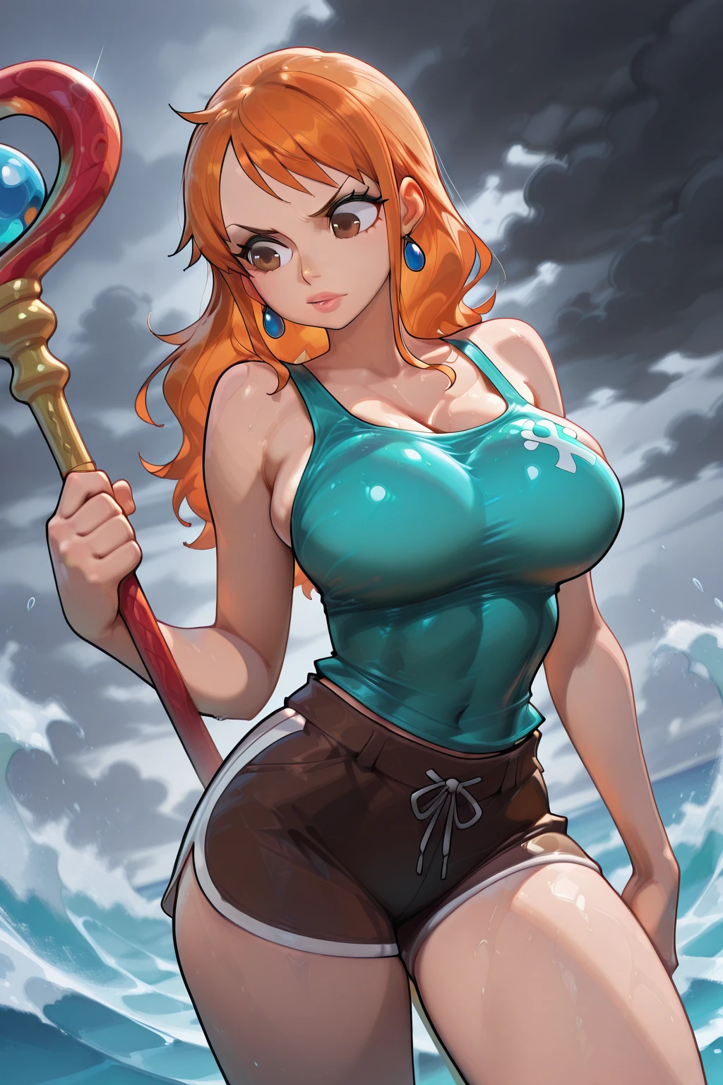 Nami ( One Piece ), big breasts, deep cleavage, purple dress slit on both sides showing her thick, standing before a One Piece anime ship, view from below, hands behind her back, Garter belt and stockings, bending forward, lips parted