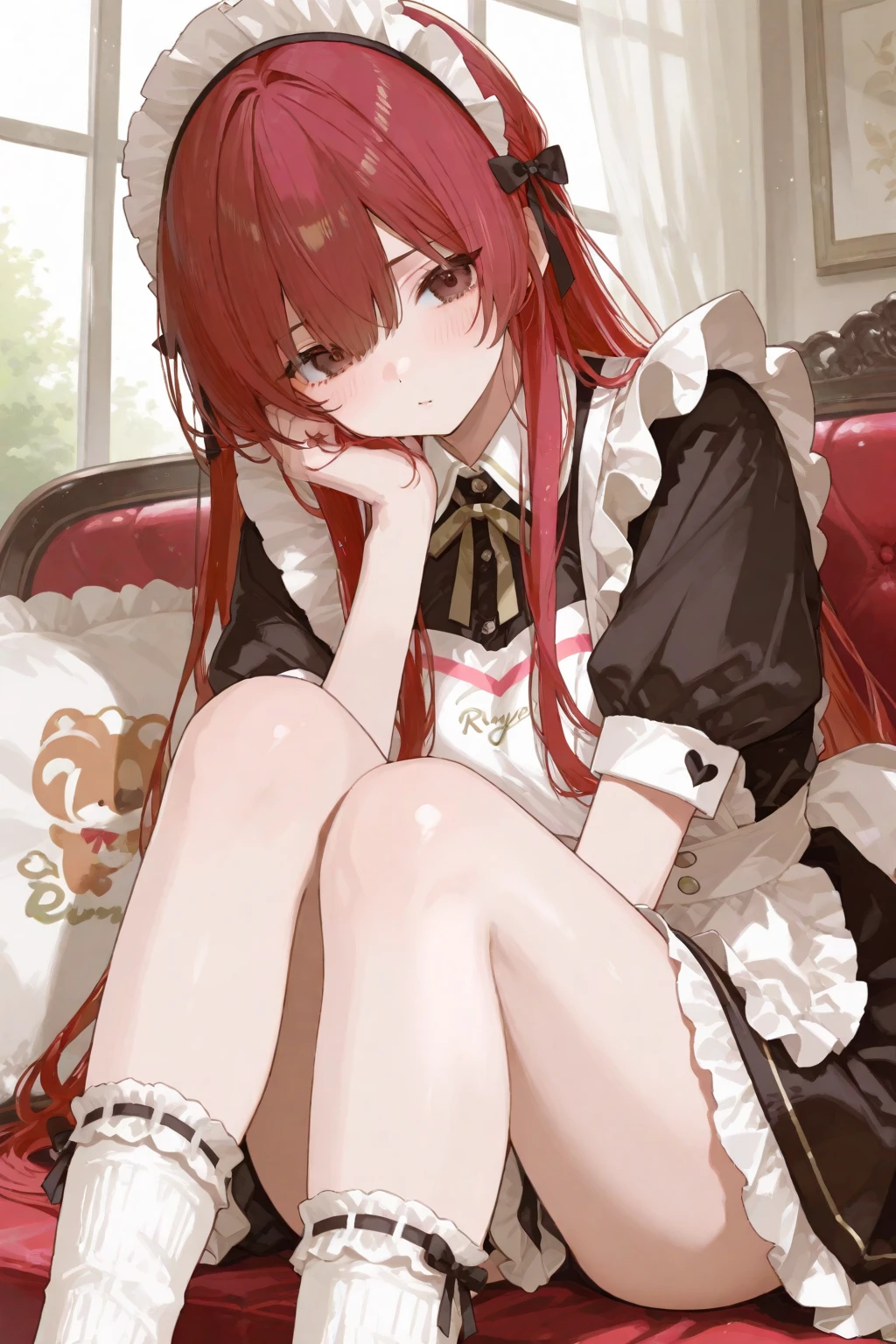 1 girl, orange hair, long hair, double ponytail, pink eyes, loving pupils, shy, blue and white maid outfit, black tights, small high heels, best quality