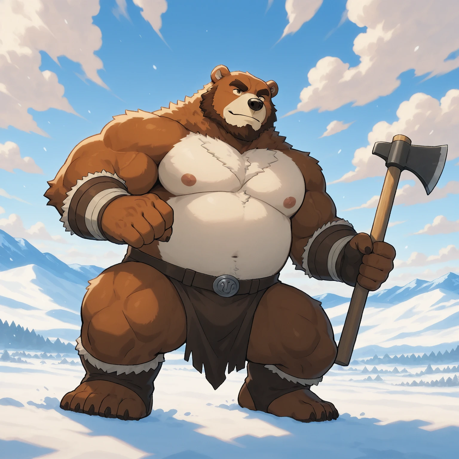 (full body, solo, 1boy, dark grey bear, dark grey fur), polar bear, muscle gut, young boy, (furry bear), nude, completely naked, (slit), short-legged body, big claw feet, green eyes, tusk long