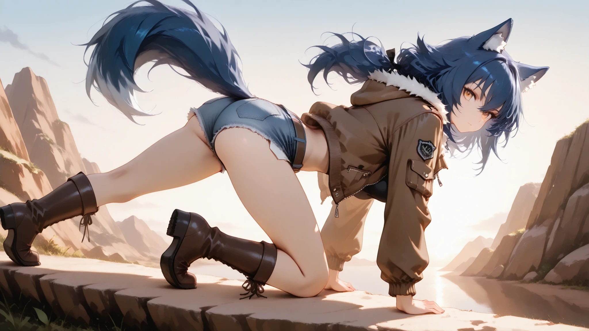 Simple background, minimalist background, bet quality, cowboy shot, 1boy, male focus, brown hair, (parted bangs:1.65), blue eyes, flat chest, parka, green parka, green shirt, rabbit ears, bunny boy, androgynous, jeans, tight pants, from behind, looking at viewer, no expression, indifferent expression, butt, wide hips, butt, large butt, huge ass, large behind, large rear, suggestive