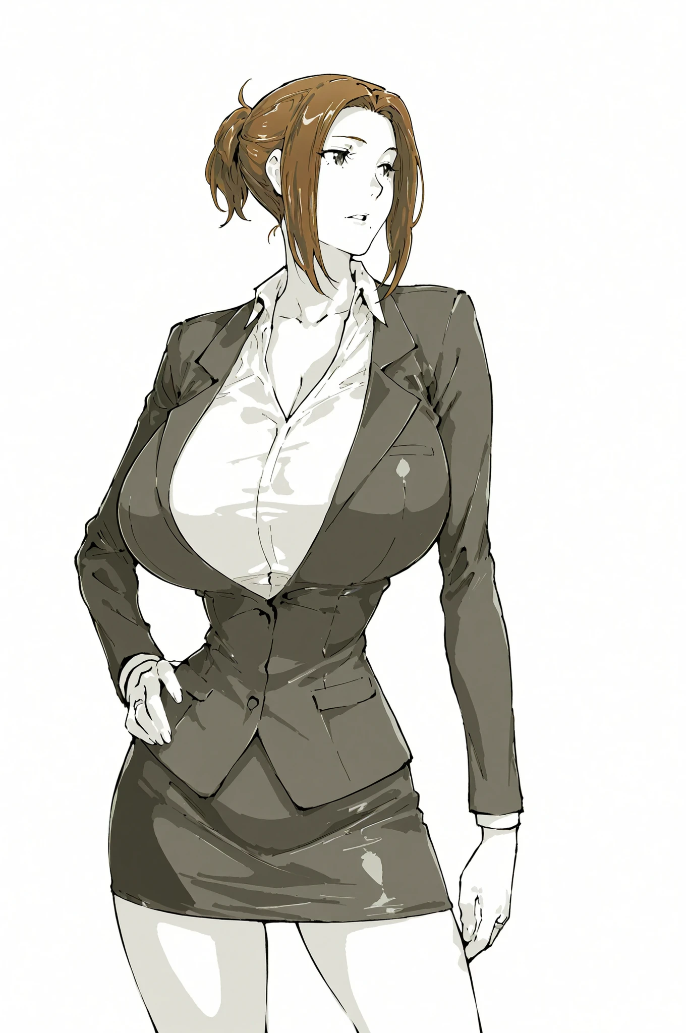 mtsp_kyouka,brown hair,large breasts,mature female,short ponytail,taimanin (series),straight-on,(painterly, greyscale, manga style,cel shading,simple shapes, simple artstyle,high detail),{artstyle: Yoneyama Mai,iwao178,cirenk,ebora,kirome (kamipaper)},professional artist,detailed anatomy,masterpiece, best quality,milf,motherly,1girl,solo, perky breasts, narrow waist, slim body, white background, character design, standing, contrapposto,hand on own hip,arm at side,suit, suit jacket, [[white shirt]], scoop neck, skirt suit, office lady,teacher,miniskirt,mole_under_mouth,parted lips, looking to the side,ring,