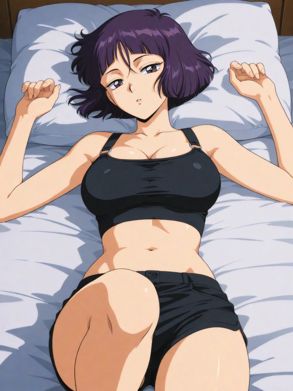 1 girl, narrow waist, sexy hips, wearing only black bra and black underwear, the viewer comes in her room to find her laying in her bed sleeping, having a dream, looking really cute and also sexy in her underwear, masterpiece, HD, no blurring, smooth, perfect, full body view