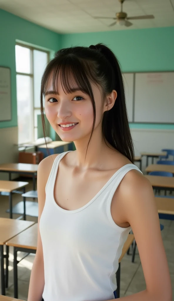((highest quality)), ((Tabletop)), (detailed), Product quality, 1 girl, Upper Body Shot, Front view, Young and cute girl in Japan, Long Hair, Attractive appearance, Perfect Face、((12-year-old girl))、camisole、he is short、Laughter、School、No makeup、Center image, High resolution, Attention to detail, detailedな髪型, detailedな顔, Cinema Lighting, Octane Rendering, Vibrant, Ultra-realistic, Perfect limbs, Perfect Anatomy, ((School Swimsuit)), (naked)