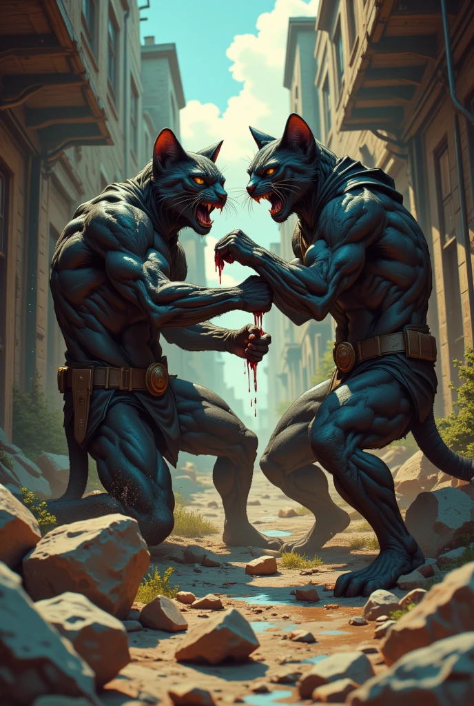 **Scene 4: Felix Yanking the Chain**
- *Prompt*: Felix the black cat with human figure catches a swinging chain mid-air with his powerful, paw-like hand. The wiry thug who swung the chain is pulled off balance, his body jerking towards Felix. Felix’s muscles are tense, showcasing his strength. The background shows the dark alley, with the second thug losing his footing.