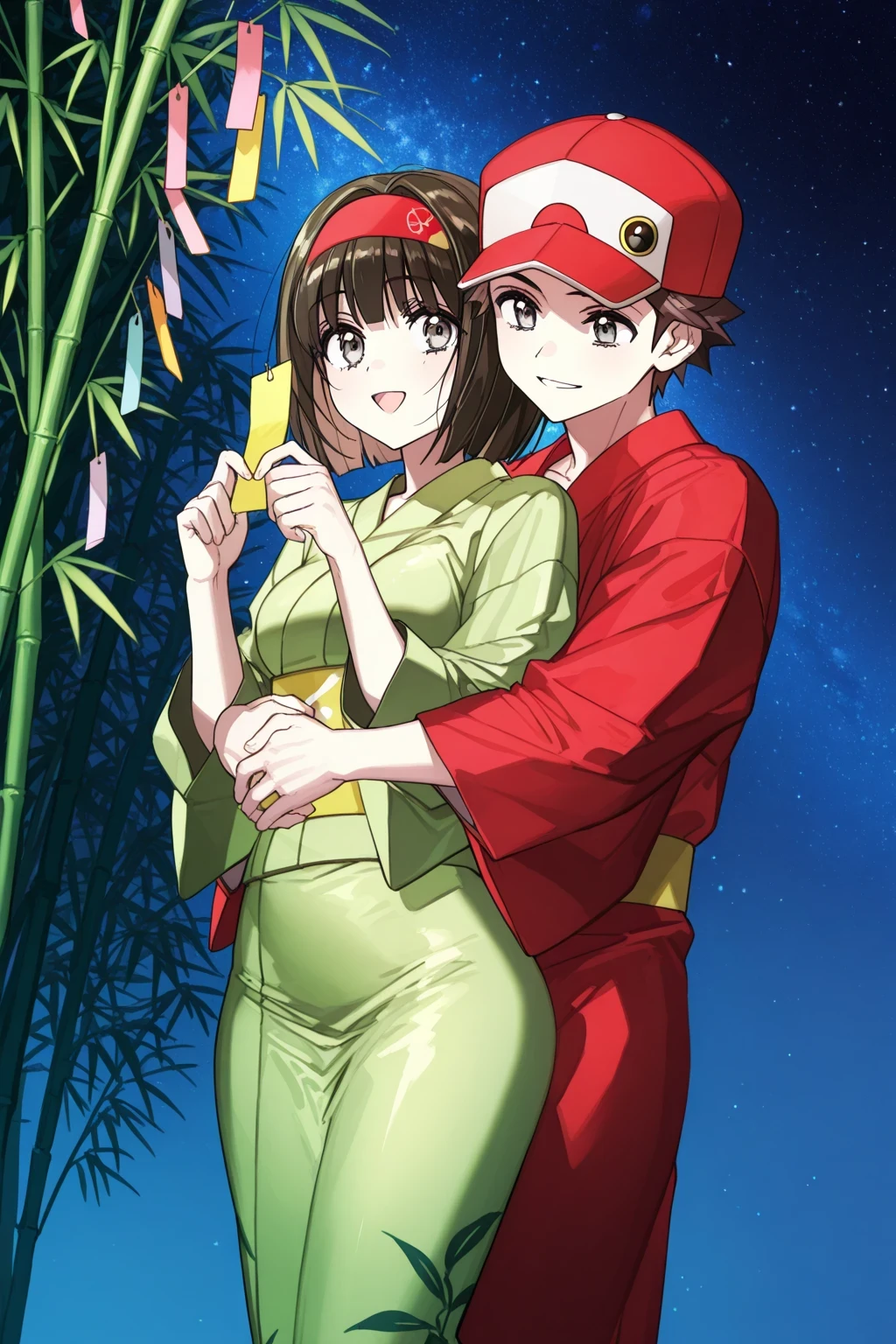 Erika_(pokemon), 1girl, bob_cut, medium_hair, black_hair, blunt_bangs, blunt_ends, hairband, open_mouth, red_hairband, grey_eyes, eyelashes, japanese_clothes, yukata, green_kimono, wide_hips, medium_breasts, smile, beautiful_detailed_eyes, red_(pokemon), 1boy, baseball_cap, red_hat, brown_hair, toned_male, red_kimono, hetero, happy, couple, masterpiece, best_quality, intricate_details, absurdres, tree, tanabata, holding_tanzaku, tanzaku, night, night_sky, starry_sky, star_(sky), paper, bamboo, holding, looking_at_another, open_mouth, hug, hug_from_behind, artist_wata_(attaka_towel)