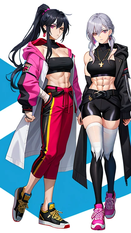 detailed eyes, detailed face, tanned, (masterpiece:1.4),(best quality:1.4),(shiny skin),realistic, <lora:Carmella-000015:0.5>, character sheet of Carmella, white sports bra, wearing OCLS outfit, navel, cleavage, big breasts, eyes open, cargo pants, nike air force one sneakers, <lora:OCLS_hoodie:0.7>, <lora:dishwasher1910Style_v10:0.6>