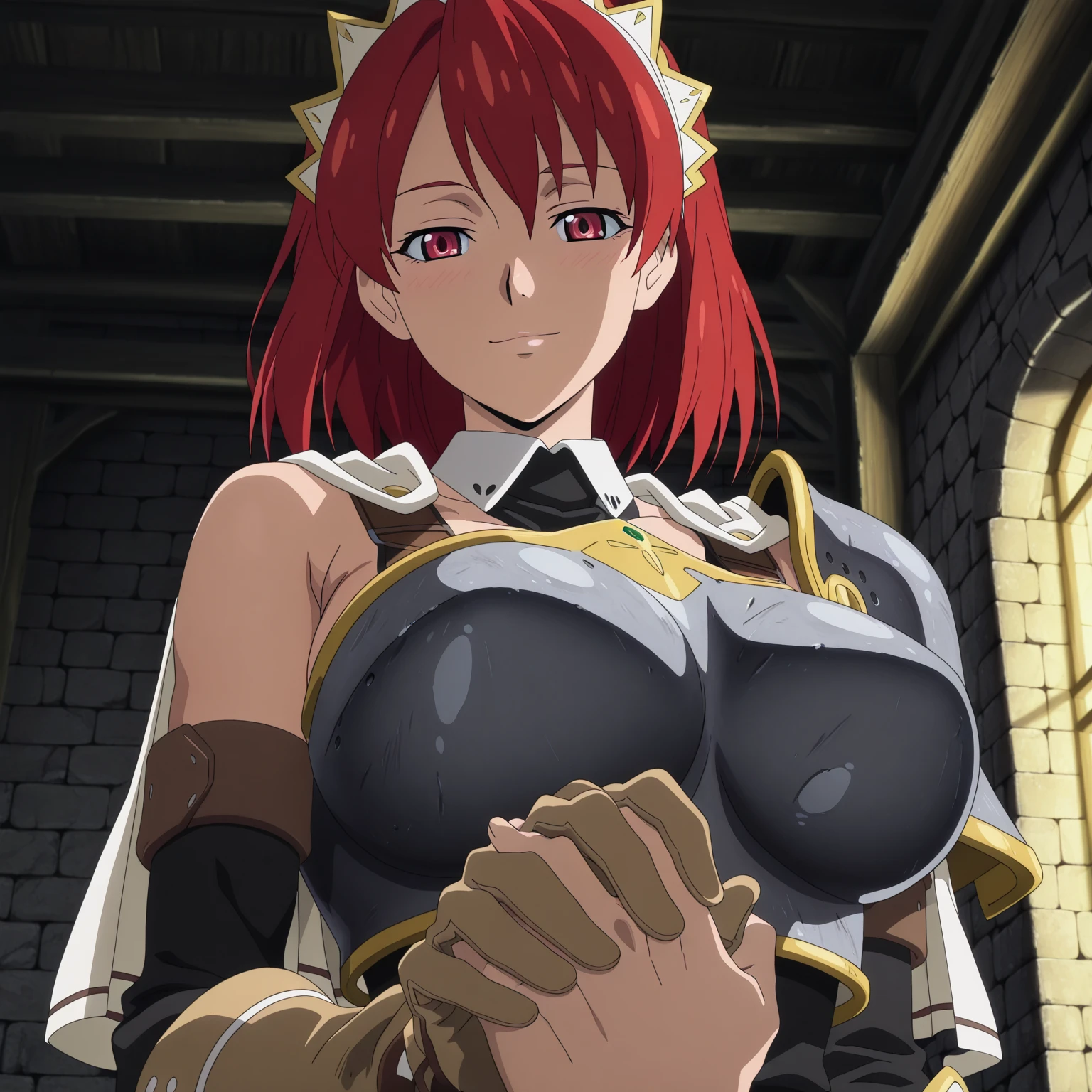 2girl, two girls, standing, cleavage,  detailed face and eyes,  , earrings,  medium breasts, masterpiece, best quality, highly detailed, fantasy , a anime girls in armored dress holding a sword posing for a picture, , evil smile, smile, open mouth,   breastplate with open cleavage, mage armor , warrior outfit, ecchi anime style, anime girls, ecchi style,  (nsfw) not safe for work,  ecchi, digital anime art!!, in anime style, official artwork, visual novel cg, beautiful anime girl, anime style 4 k , loincloth, exposed belly, exposed navel, exposed midriff, exposed lower belly, pencil skirt armored, castle,inside castle, navel piercing