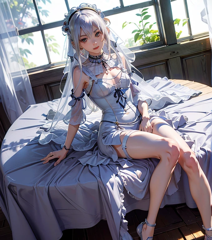 8 year old medieval girl, １people、In underwear、Gold and silver thread embroidery、She is wearing translucent bloomers that reach below her knees.、Wearing a semi-transparent corset、Translucent slip, Grey translucent tights、sleep