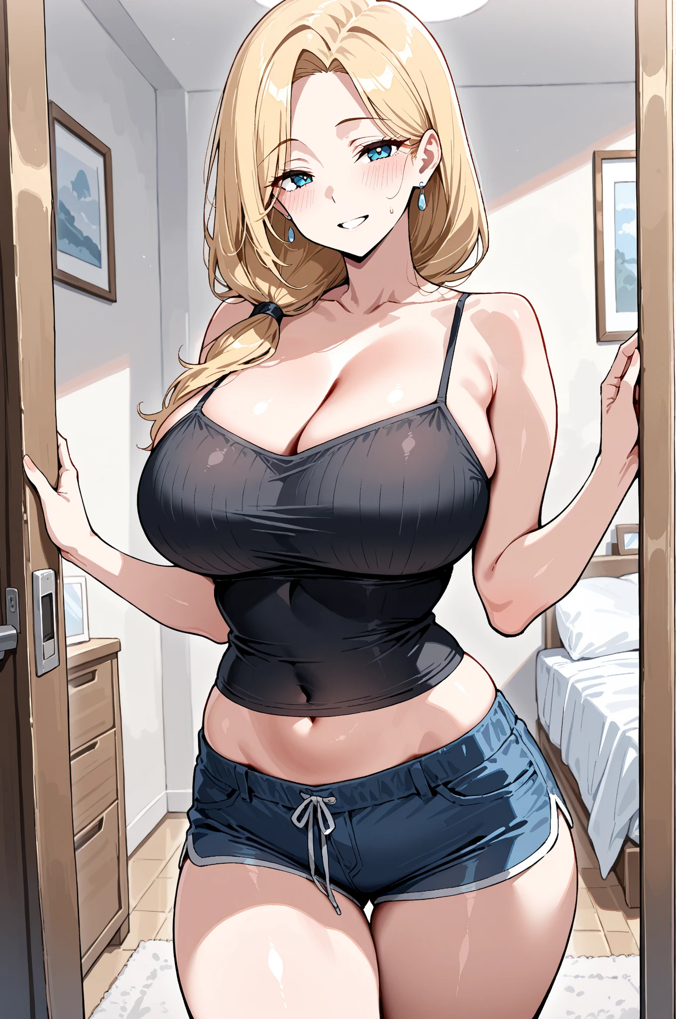 indoor,gym,wide hips,yoga pants,play sports often,(Sensitive smile:1.2),(big breasts:1.5),shiny,hair,((alone)),((masterpiece)),((highest quality)),perfect anatomy,slim waist,perfect image,8K UHD,(beautiful and fine eyes:1.3),highly detailed face,Are standing,(Upper body:1.1),(look ahead:1.1),back arm,super detailed,disorganized,High resolution,blonde hair,medium hair,sexy milf,28 years old,
