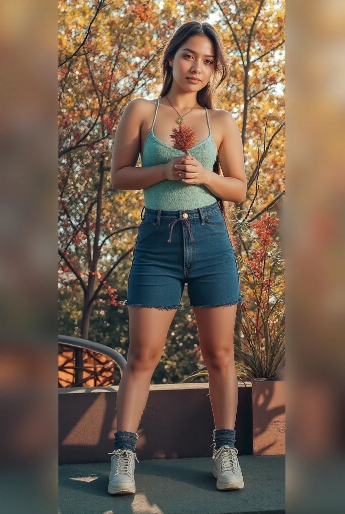 Maisie Williams standing outdoors drenched in water, subject in stark sunlight, beautiful face, very curvy legs, ((chubby body)), ((hips exposed, legs exposed, underboob exposed)), (((knit halterneck, low waisted jean shorts))), (((full subject in frame))), glistening skin, wearing trainers, ((showing off her ass)), popping her hip