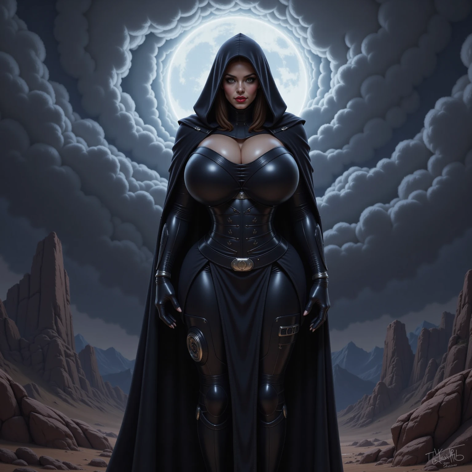 Black Grim Reaper, Late Night Battlefield, Huge grass cutting scythe, (Crescent Moon:1.2), Pale face, fully clothed, (covered gigantic breasts:1.2), (covered erect nipples:1.2), (covered cleavage:1.2), giga_busty, standing, full body shot, front view from below, dark cinematic lighting,