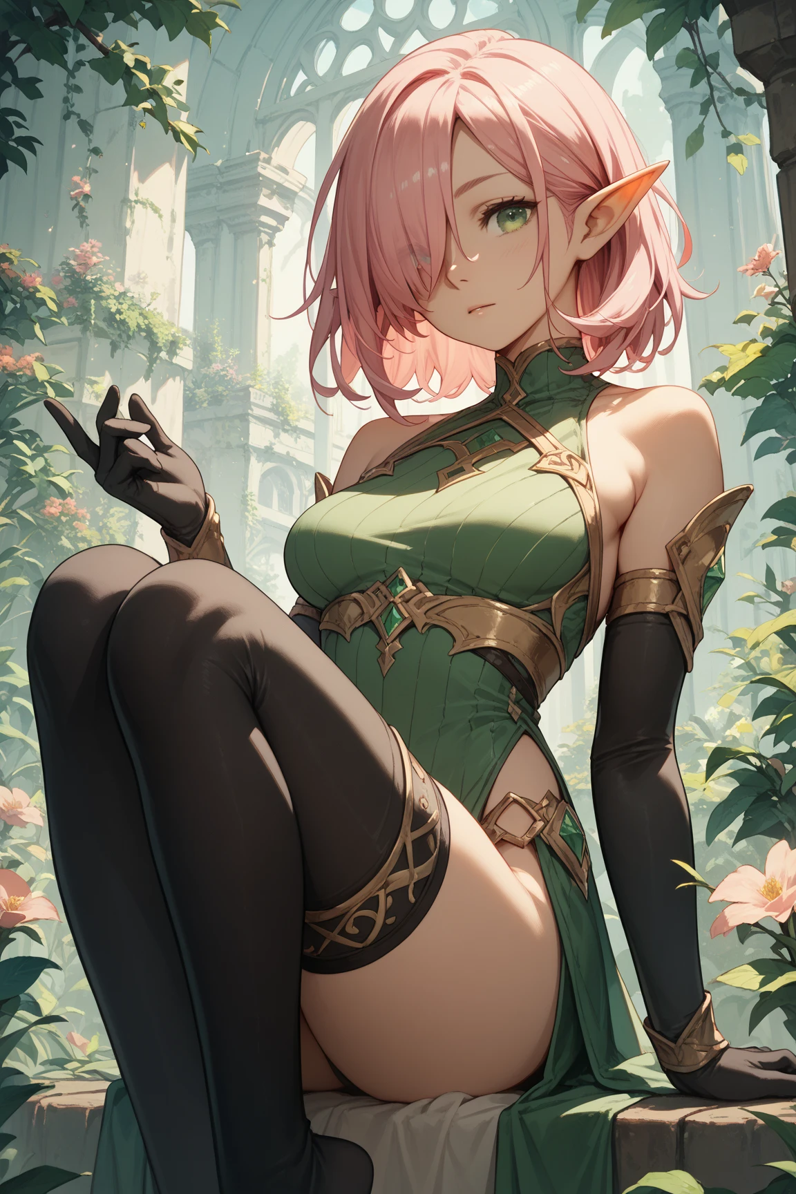 masterpiece, medieval, fantasy, 1girl, look away, pink hair, short hair, green eyes, flat chest, lace, stockings, collar, panties, smile, sword