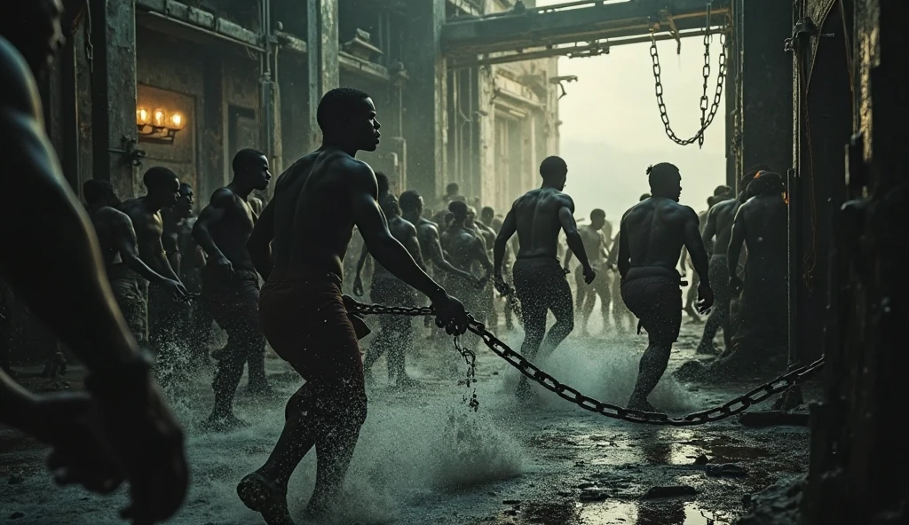 4 white men chained at the waist running through hell (chains pass between men's waists), men behind with gray clothes, with jersey, simple torn clothes and bare feet,