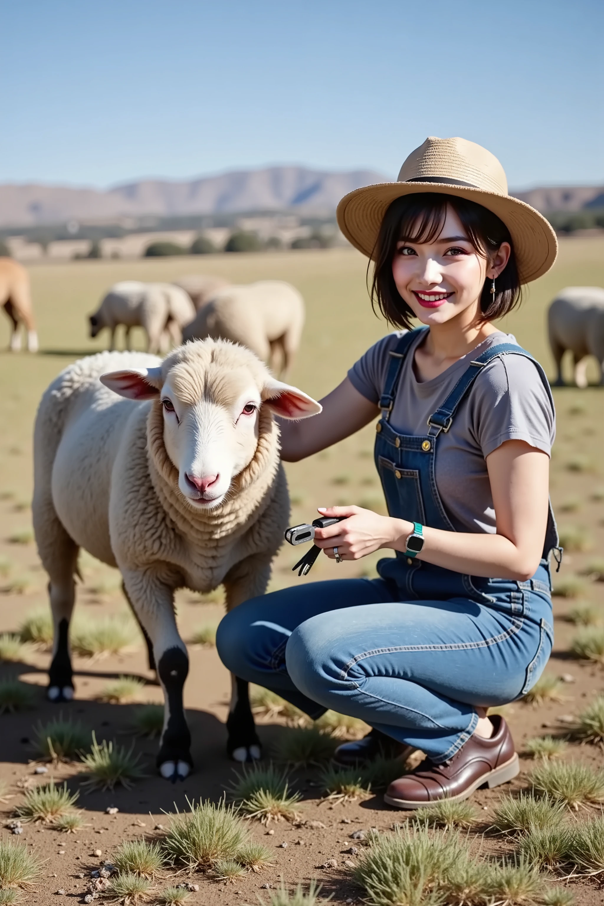 Ranch, Blue Sky , ((I'm hunting sheep fur)) , crouches down and pats a sheep, focus on sheep , Adult Mi , ((have clippers in their hands)) , blue overalls , grey t-shirt , straw hat , 1 woman with glowing green hair , age 27 , dark haired , Smile Yan 
