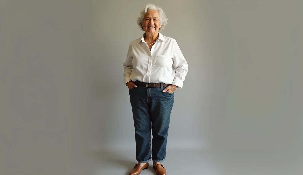 there is a woman with curly hair and a loose-fitting shirt and jeans, this person does not exist, ugly woman, unattractive, nora ephron-meryl streep-carol kane-andrea martin-theresa may merged, entire body visible, full body, hyperrealistic, best quality, 8K, masterpiece, extremely intricate, detailed eyes, detailed face, detailed body, exaggerated features, pronounced features, fujifilm