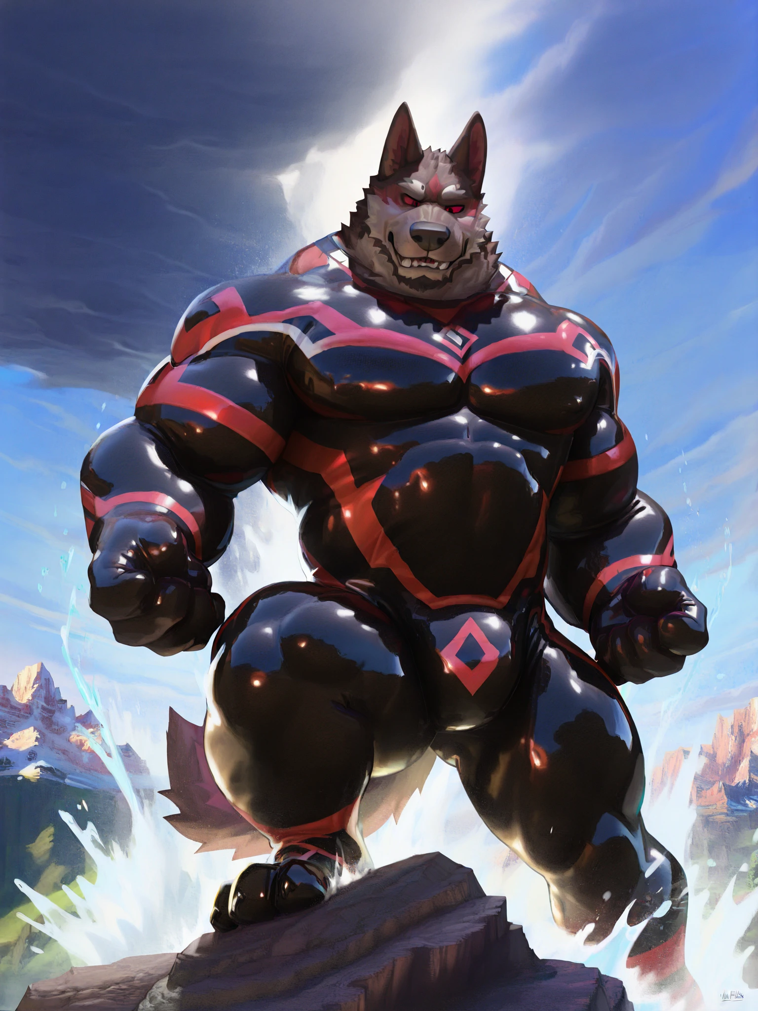 Giant Anthropomorphic Mightyena Pokemon Man, Yellow Eyes, Muscular, Tired, Handsome, Charming, View from below, Daddy, Bara, Horny, Flirty, Older Brother, Four toed feet, cock and balls, teasy, Macro, Bully, Jock, flirting with tiny viewer, Superhero Costume, Black underwear