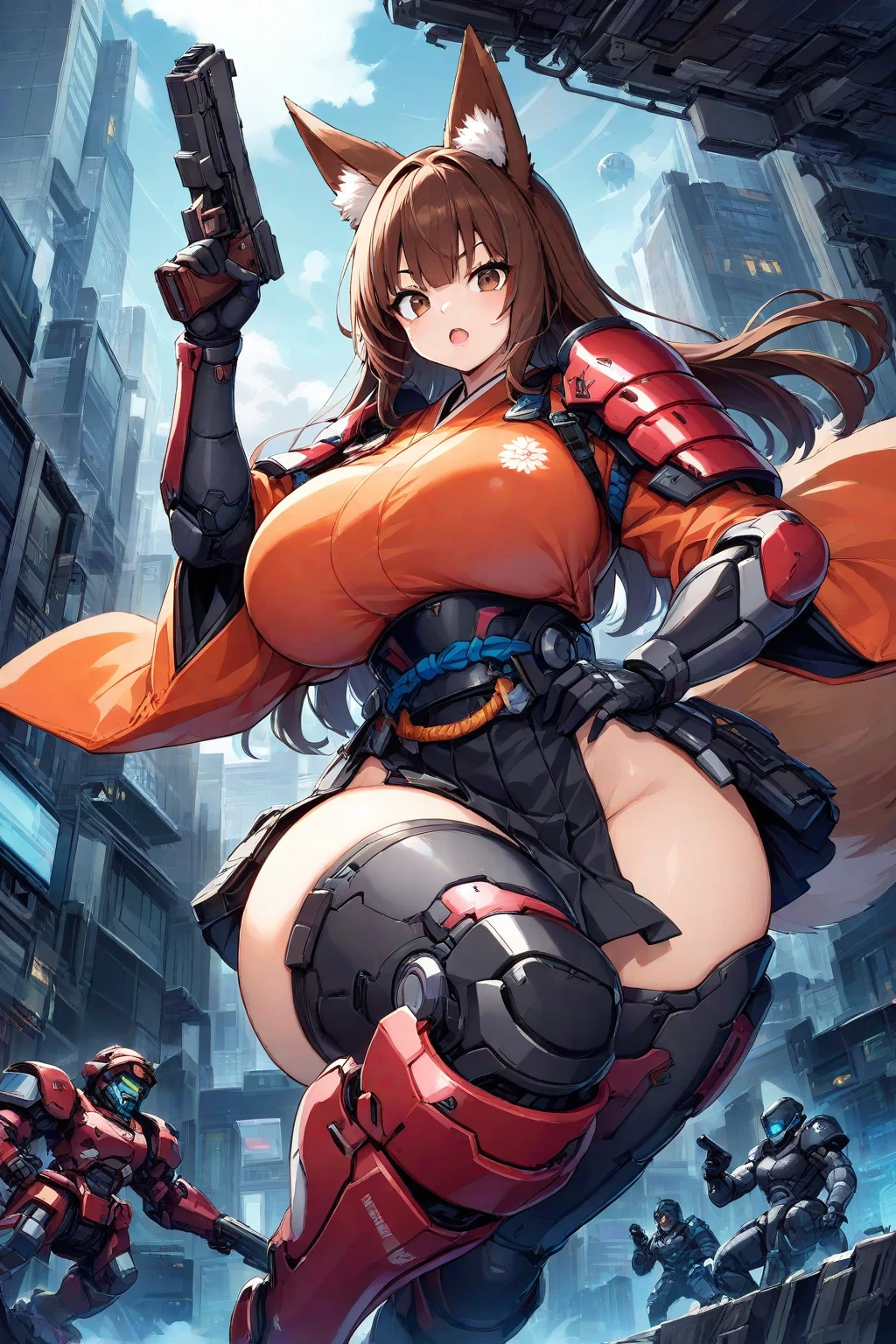 extreme detail,masterpiece,future city,with a girl (Energy Shield):1.3,Tight Fit Bodysuit,protect yourself from danger,use a shield in battle,Futuristic buildings,flying car,the shield becomes brighter,repel the invaders