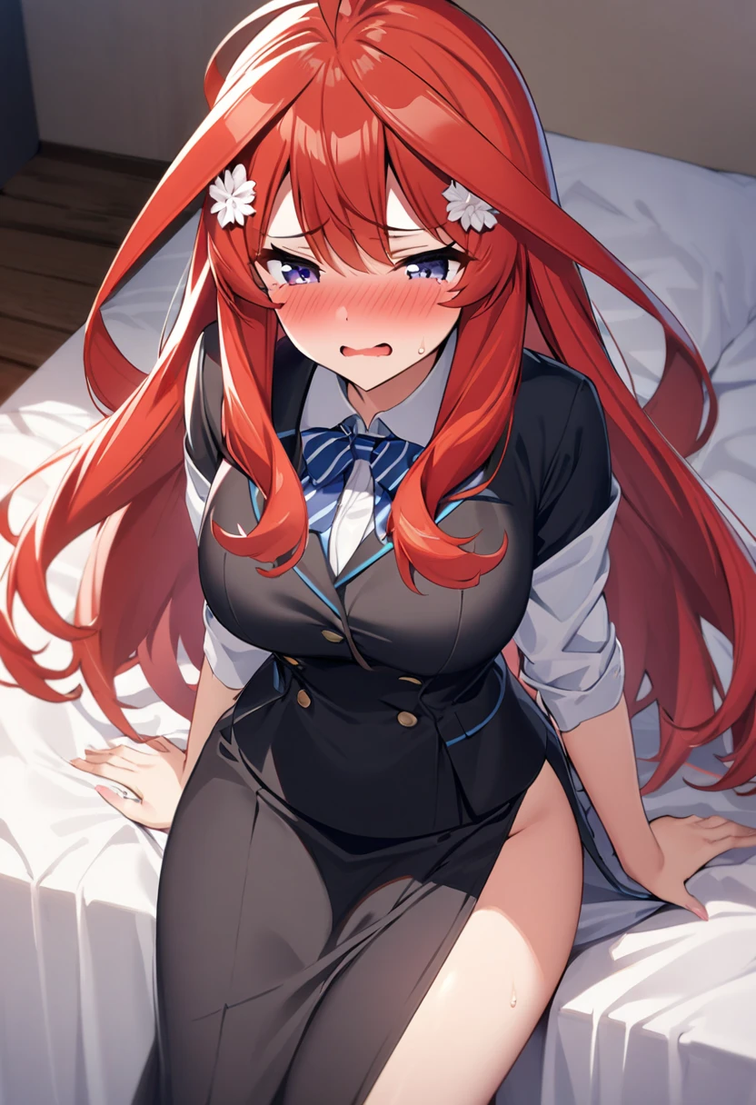 Bound Arms, Arms behind Back, ((erröted)), ((gefesselte Handgelenke, Ankle with rope)), ((Arms behind the back)), ((Shibari over clothing)), 4k quality, verlegener gesichtsausdruck, anatomisch perfekt, blushes, ((twintails)), Sitting on bed, fairy tail, 1girl, long hair, red hair, brown eyes, neck ribbon, bare shoulders, white shirt, sleeveless, center frills, blue skirt, hair over one eye