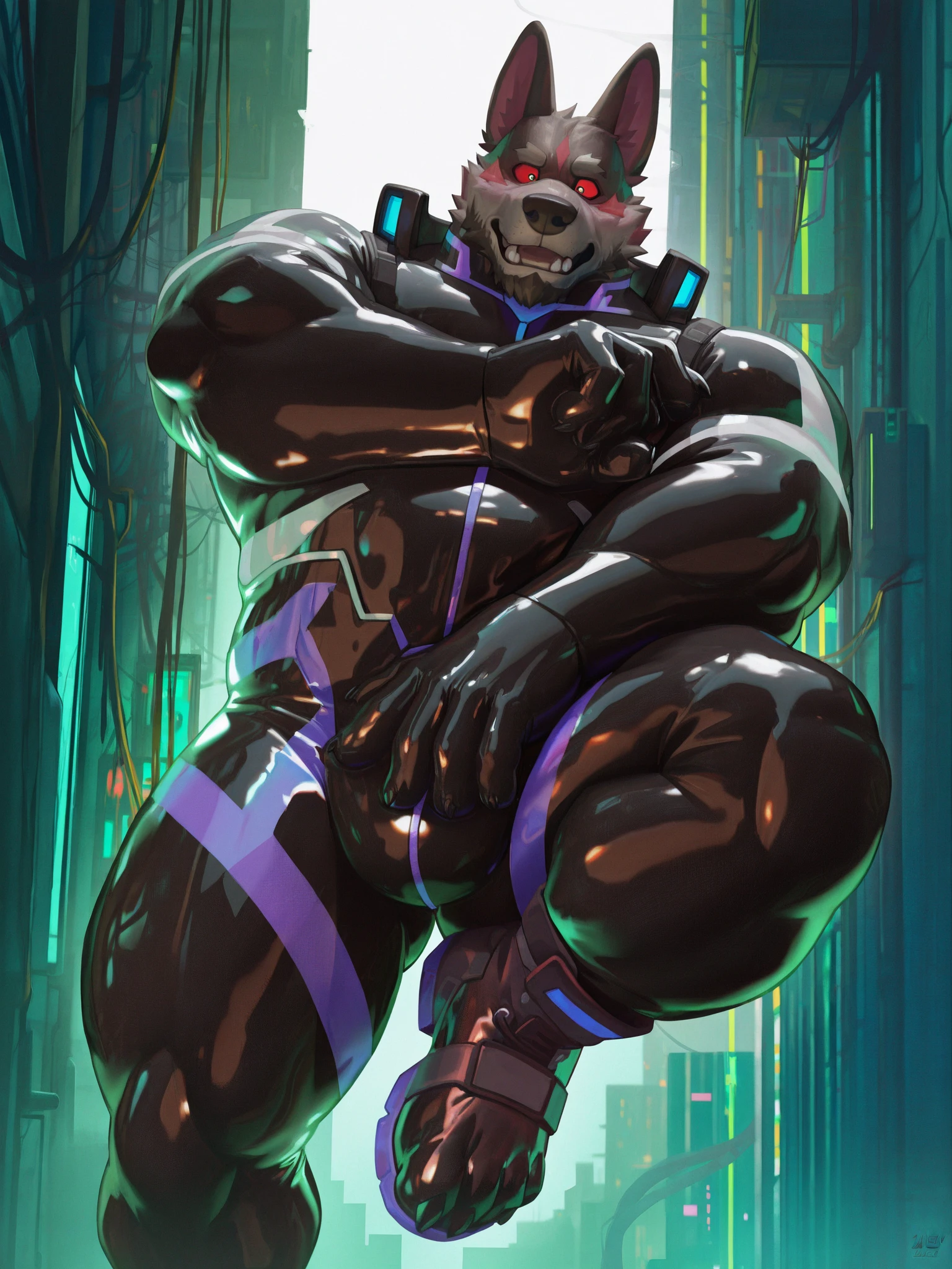 Highest quality, Highest quality, High quality illustrations, masterpiece, Ultra-high resolution, Detailed Background, Jail, Absurd, Perfect Anatomy, performance, Good lighting, Shadows in the movies(kemono, Furry Personifi猫ion), horse, Muscle Body, Rubber Suit, latex, neon, neonライト, neonカラー, Bodysuits, Cyber Suit, Mech Suit, cyber punk, Red harness, Rubber mask, Hoof Gloves, Hands restrained behind your back, big null bulge, Dynamic Angle