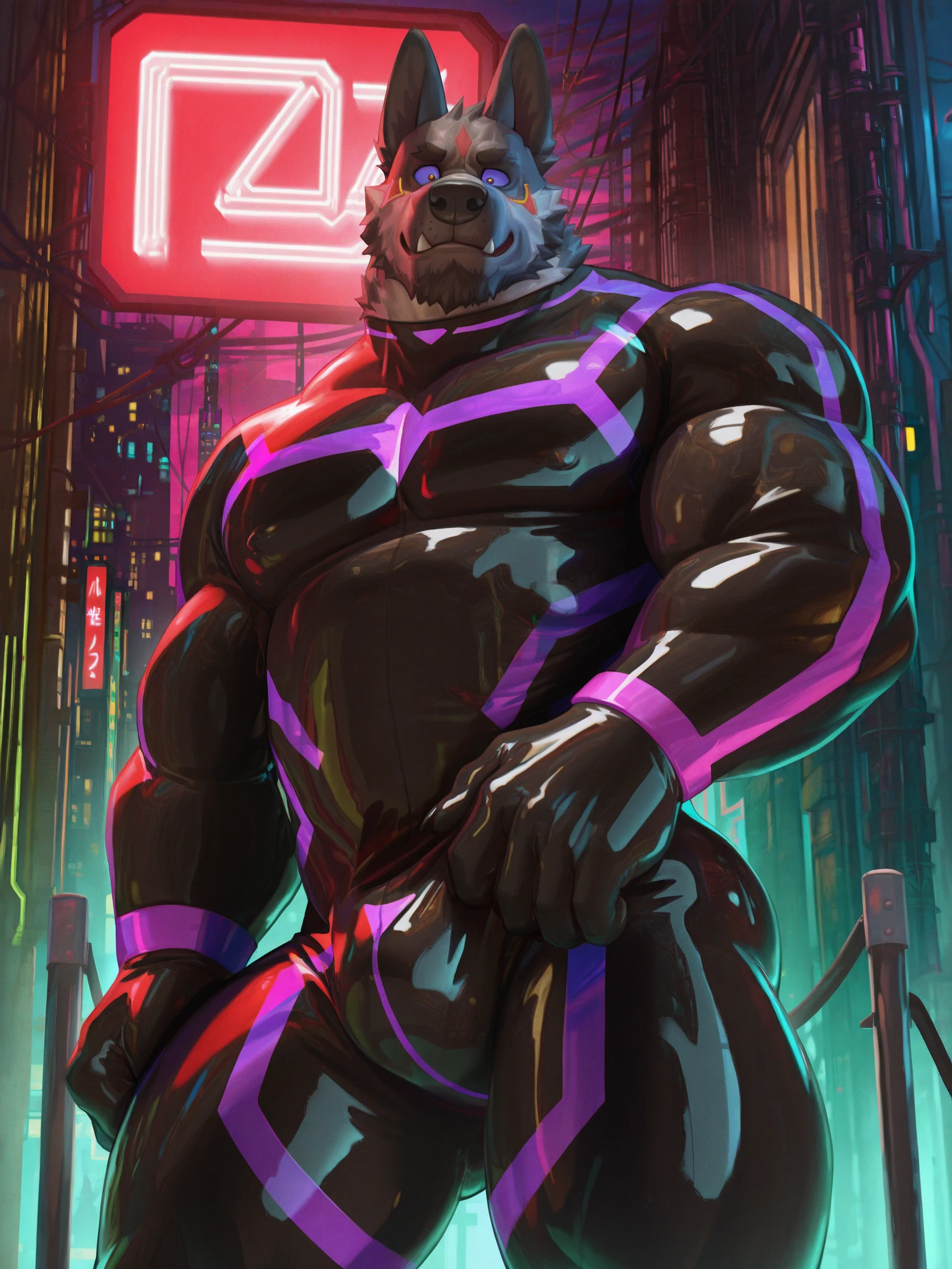 (by taran fiddler), (by darkgem:0.8), (by chunie:1), masterpiece, portrait, serious, 3/4 turned looking at viewer, (javid:1.2), 8k, ultra detail, full body, dark brownfurry body, male, solo, anthro bull, brown minotaur, (( Long dark brown hairstyle, long hair with purple dye streaks, high ponytail, dark brown bears streaked with purple)), Minotaur Hotel, Asterion from Minotaur Hotel, handsome anthro bull-face, tan horns, gauge piercing in right ear, soft features in face, dark blue eyes, no shirt, not wearing shirt, (no shirt), furry chest, huge chest, fluffy furry chest, fluffy furry abs, defined stomach, defined muscles, muscular furry body, chiseled furry, ((dark pants)), ((no logos or patches on clothing)), hulking, tall, huge body, hulk, monstrous, huge muscles, wide shoulders, black clothing, black tactical pants, tactical gear straps on pants, blacbare feet, cow hooves for feet, detailed hands, dark, neon cyberpunk background (detailed cyberpunk background at night), cyberpunk