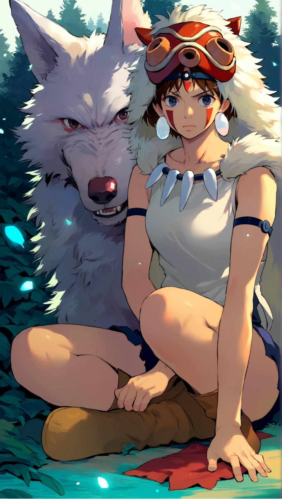 Prinzessin Mononoke , Character San Studio Ghibli princess mononoke, wolves,  sexy posing , smiling , big tits