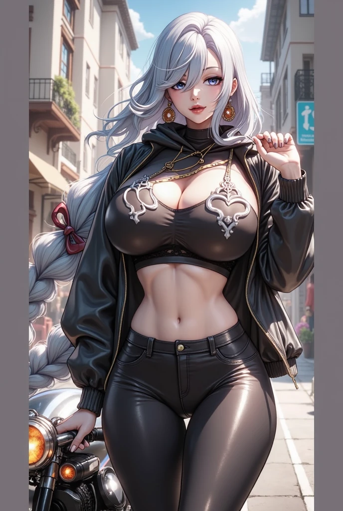 Silver hair ponytail, A dark-skinned woman wearing a black dress shirt and slim jeans is preparing fried shrimp。. Showing your belly button Alluring thighs A lot of fried shrimp