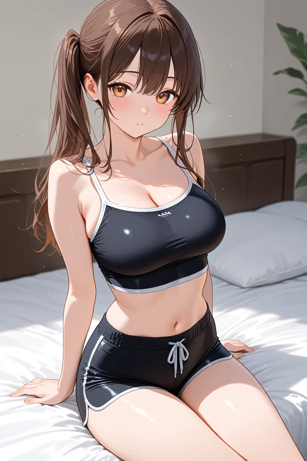 （Sweat, White skin:1.5、Light gray sports bra, ）, cameltoe, Fitness, , ((ブラにSweat染み:1.5, Sweatで濡れている, Sweat染み, black stain on グレースポーツブラ:1.5)),Big Breasts, Sturdy body、lie down, Big Eyes in Anime
