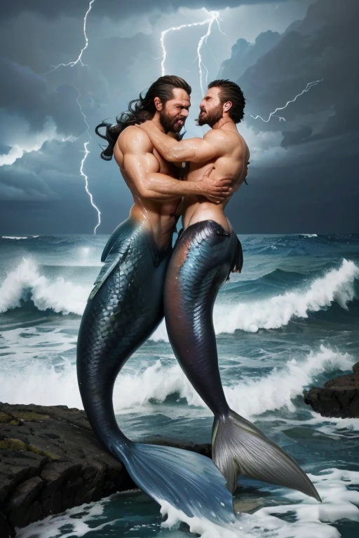Two muscle male mermaid, gay couple, wrestling, merman, muscles, two male bodybuilders, blue mermaid tails, black long beard, black long hair, jumping from sea, ocean, big water wave, water, wallpaper
