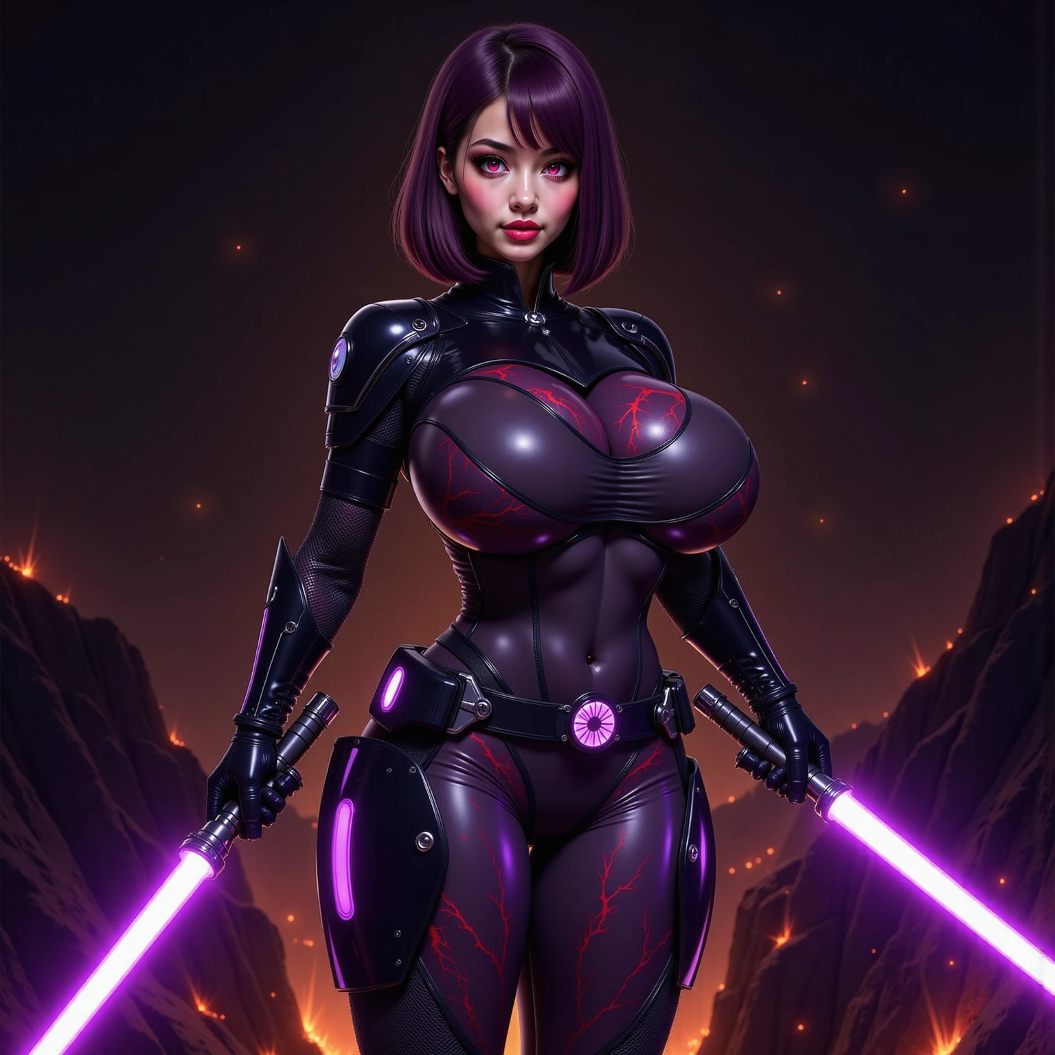 (Anime Line Art) A sexy Sith Warlord (alien, big breasts, fierce body tattoos, small fighting costume, looks unhinged, wielding a red light saber) is dueling with a Jedi woman (big butt, small breasts, sailor school outfit with scifi gadgets, short hair, big eyes, calm and composed, masterfully deflecting the sith attacker), set in a sci-fi high technology building