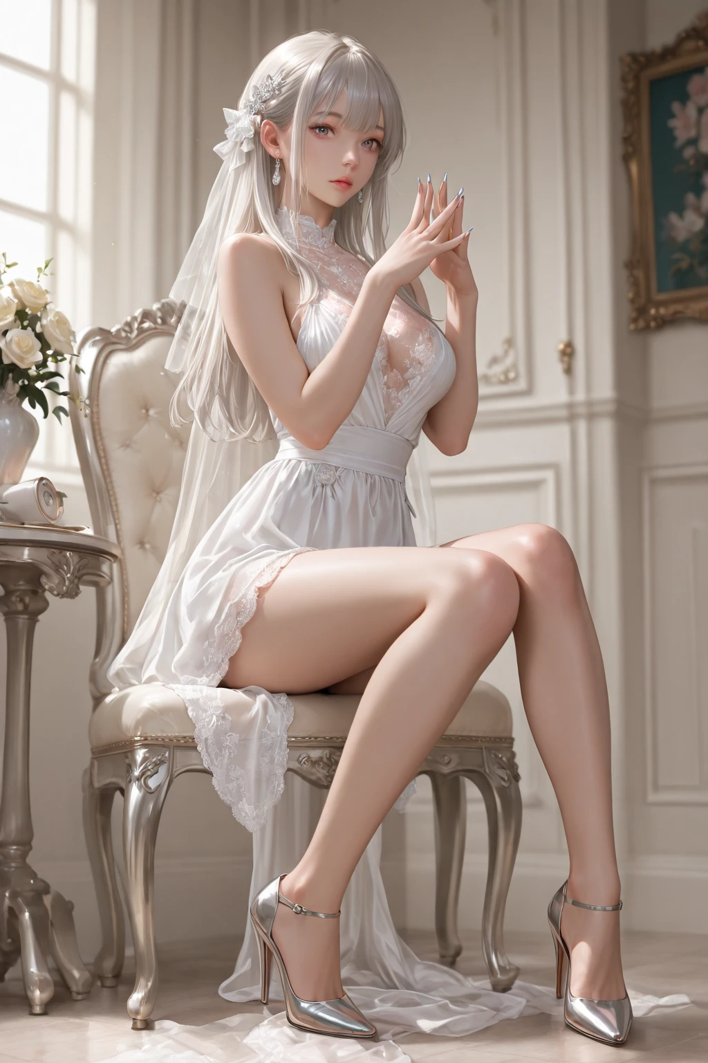Sexy nude model in a transparent dress、Slim figure、Beautiful big breasts、A beautiful model enveloped in a transparent veil、High body exposure、The full body image is facing forward、A fantastical, painting-like image、Silver Hair、Pale, translucent skin、Long False Eyelashes、Facing forward, sit on a chair, spread your legs and show your crotch、Facing forward, spread your legs and show your panties、Pastel-colored transparent lingerie、 Glass High Heels、