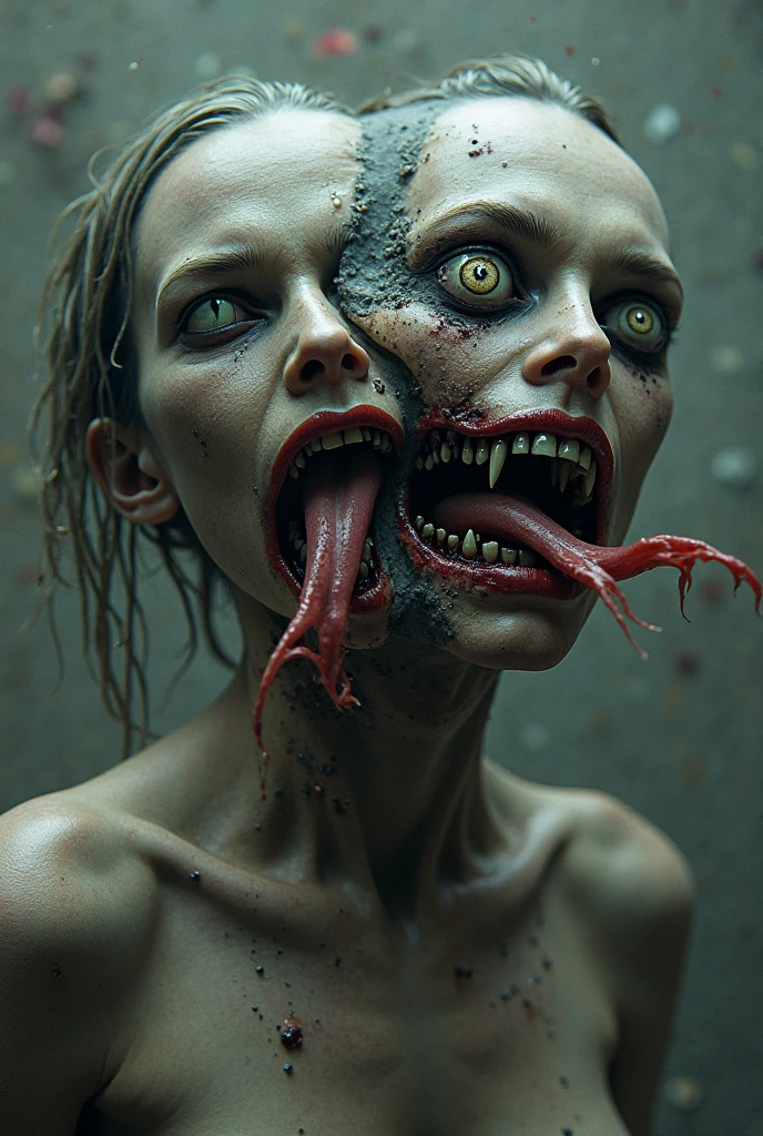 make a creature that looks like a horrible woman with big nails, with a deformed face with a sewn mouth with three bodies of teenage men next to him showing his body