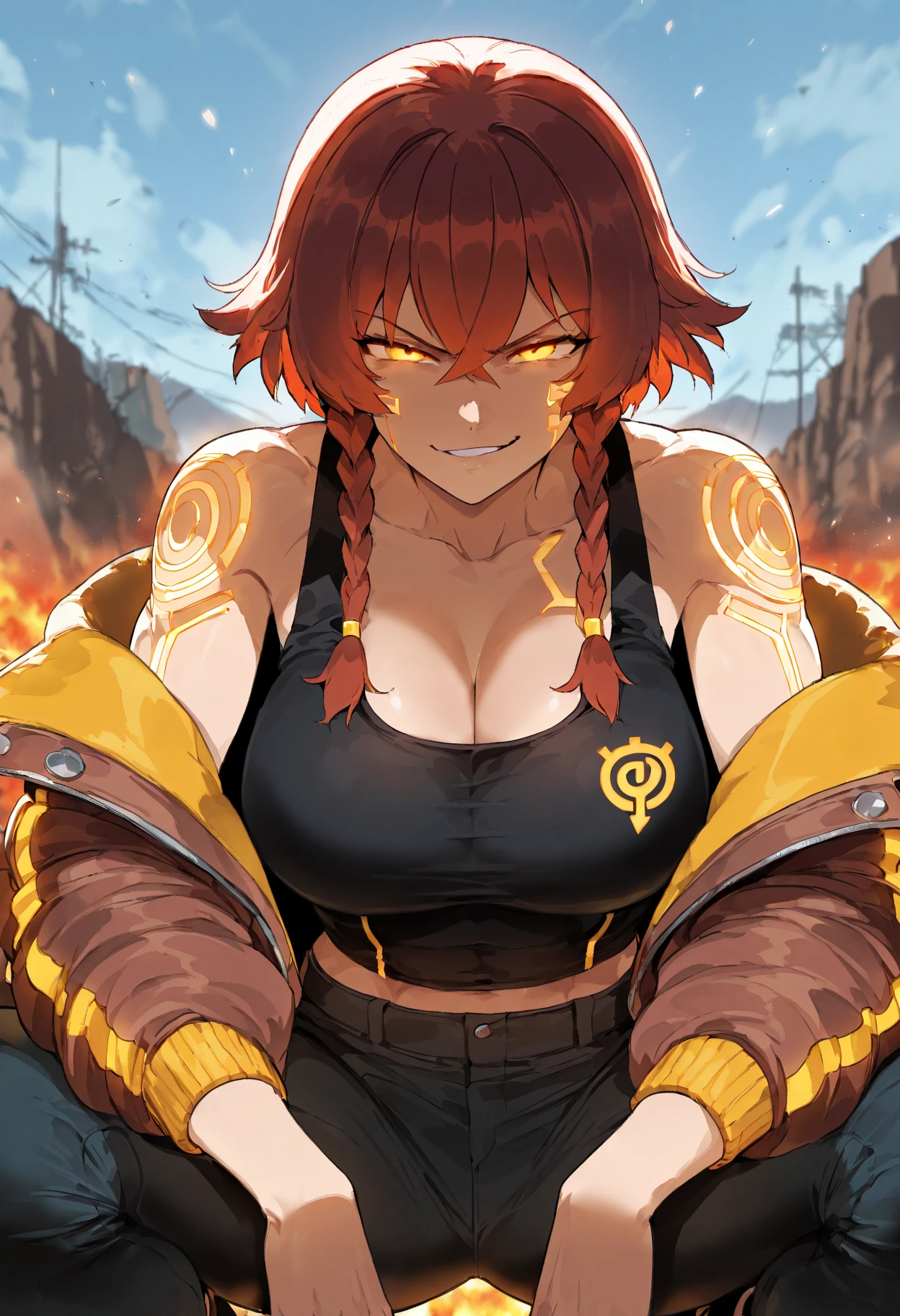 (masterpiece, best quality, ultra detailed, absurdres)1.5, 1girl, (sexy, beautiful woman, perfect face, perfect eyes, perfect female body, huge breasts)1.5, (pikkytamakii, bikini, black bikini, cleavage, collarbone, fire, purple fire, open clothes, firefighter coat, gray pants, baggy pants, hip vent, metal gloves, metal choker, boots, long sleeves, long hair, black hair, twintails, bangs, navel, hair between eyes, fiery cat ears, fiery cat tail, <lora:Tamaki:0.6>), (full body, standing, in the middle of a Japanese street, modern Japanese city in background, night sky), perfect lighting, smooth, hdr