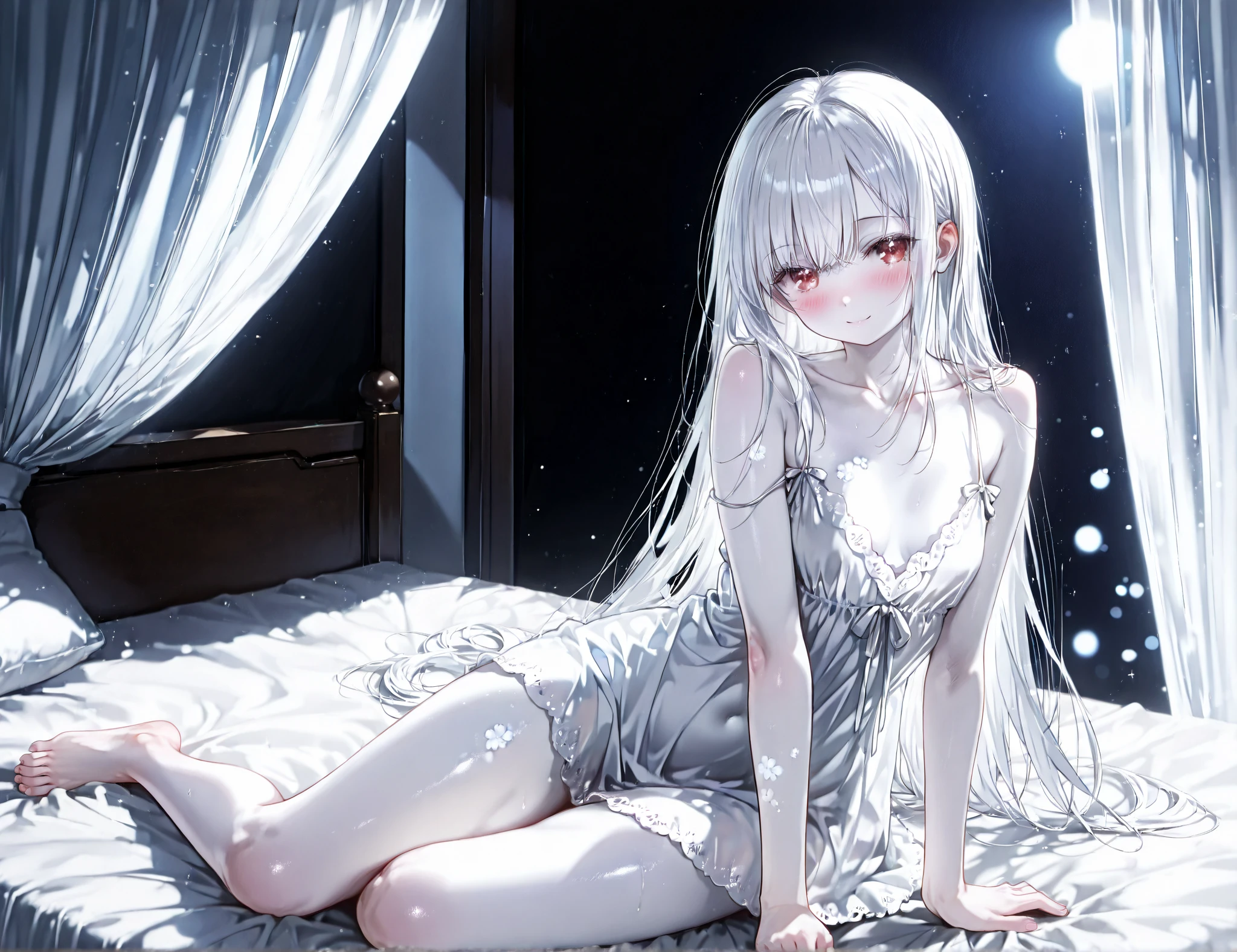 ((Masterpiece, Best quality))++, Detailed light+,  Detail hair+, detail hand+ ,1girll, woman, Long hair,   dark red eye,  Beautiful eyes, Young gray hair,,(Beautiful white hair:1.5),(Beautiful detailed eyes), ,    high resolution+,   Masterpiece,  , Glass tones, Reflective eyes,  {{Angle}} , extremelydetailedwallpaper, Original,full bodyesbian,Bedrooms,upper legs, Beth,starrysky,Issuing,,swim wears,,naturey