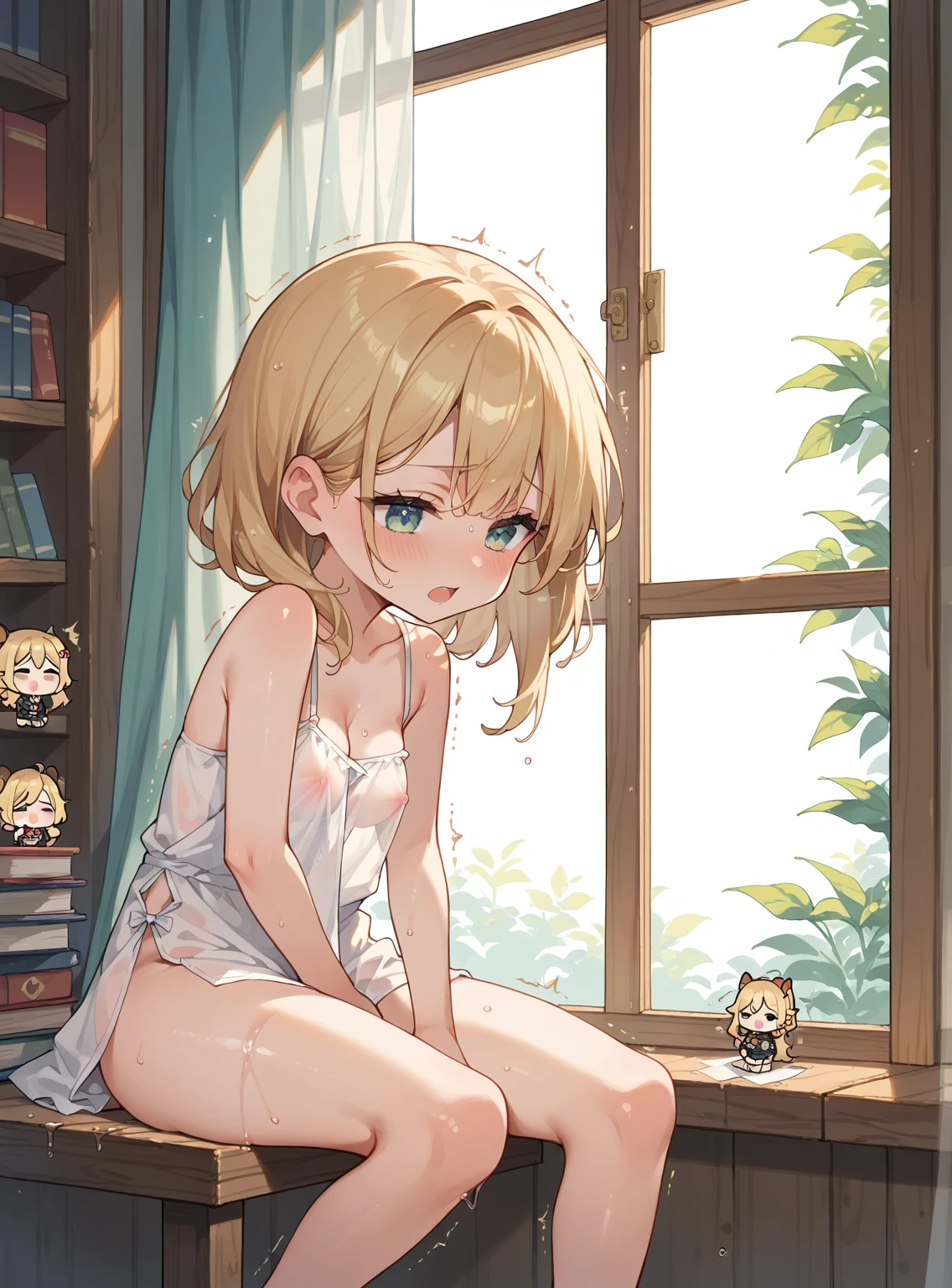 a naked mother breastfeeding her little naked baby girl in her arms sitting in window sill