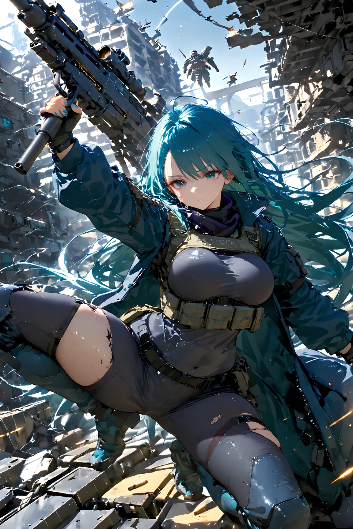 zombie girl teal skin, huge breasts, torn swat clothing, combat shorts, black gloves, blood stains all over her body, blue hair, glowing green eyes, posing as a villain, battle pose (((stance))) , cemetery background , full body focus, hdr.
