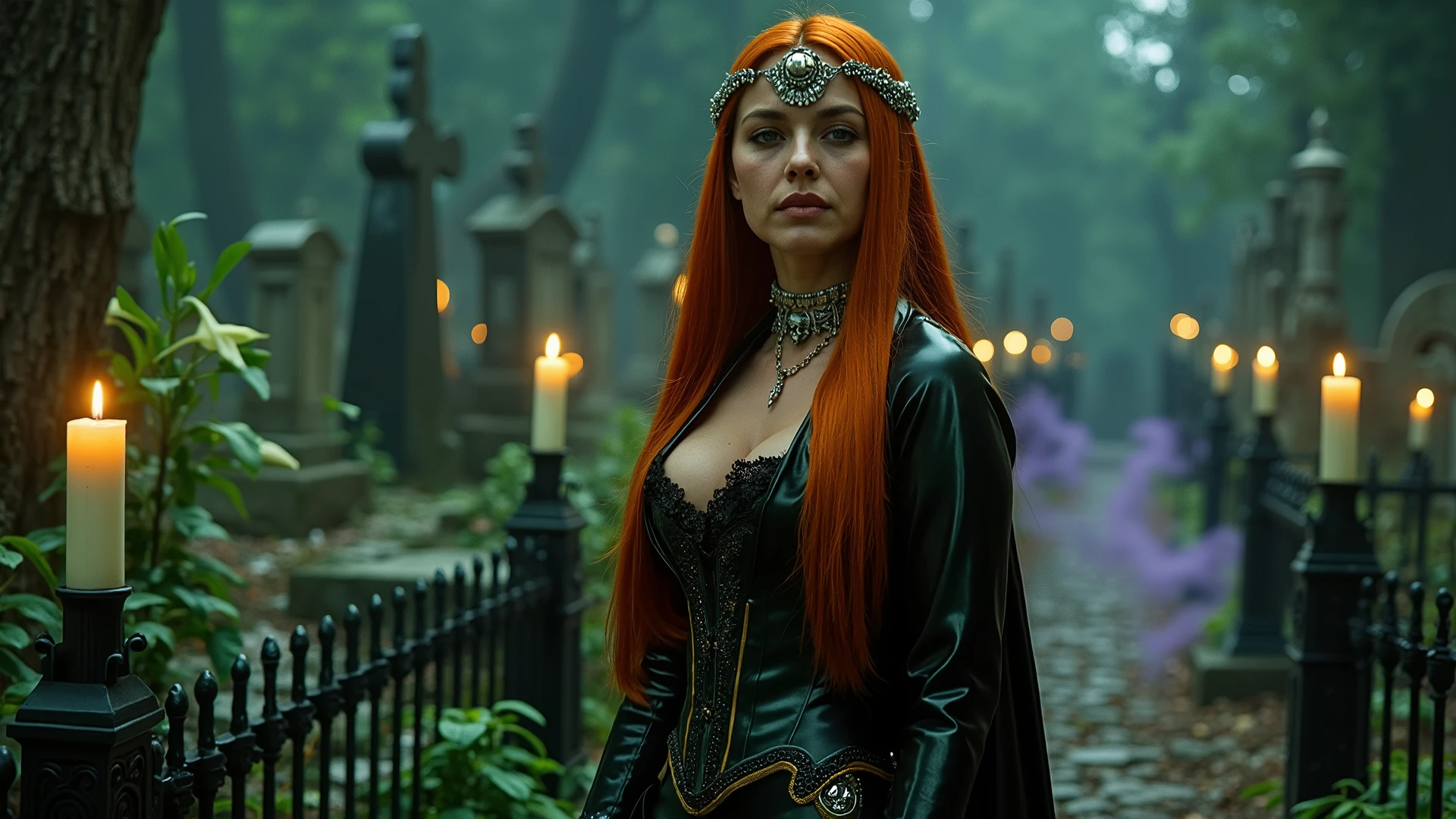 A striking, shapely woman with glowing light-brown skin and long, flowing red hair that cascades like fire. She stands with regal confidence, embodying both divine femininity and fierce spiritual power. Her eyes are bright, commanding, and slightly ethereal. She wears a flowing black and deep emerald green gown with lace and corset details, adorned with veve symbols, Celtic knots, and small skull motifs. A delicate silver or bone circlet rests on her forehead. Around her neck are layers of beads, charms, and crosses — a fusion of Irish mysticism and Haitian Vodou. She stands in a candlelit graveyard shrine surrounded by stone crosses, iron fences, and lilies, with faint purple mist rising from the ground. The lighting is mystical — a mix of moonlight and candlelight. Her presence is seductive, powerful, and protective, the bridge between the dead and the living. Celtic voodoo fusion, spiritual realism, gothic elegance, divine feminine, Southern Gothic, magical realism, ethereal lighting. No horror, no gore, no overly sexualized posing, no sci-fi, no pop culture references, no cartoon style, no modern clothing, no fantasy elves or fairies.