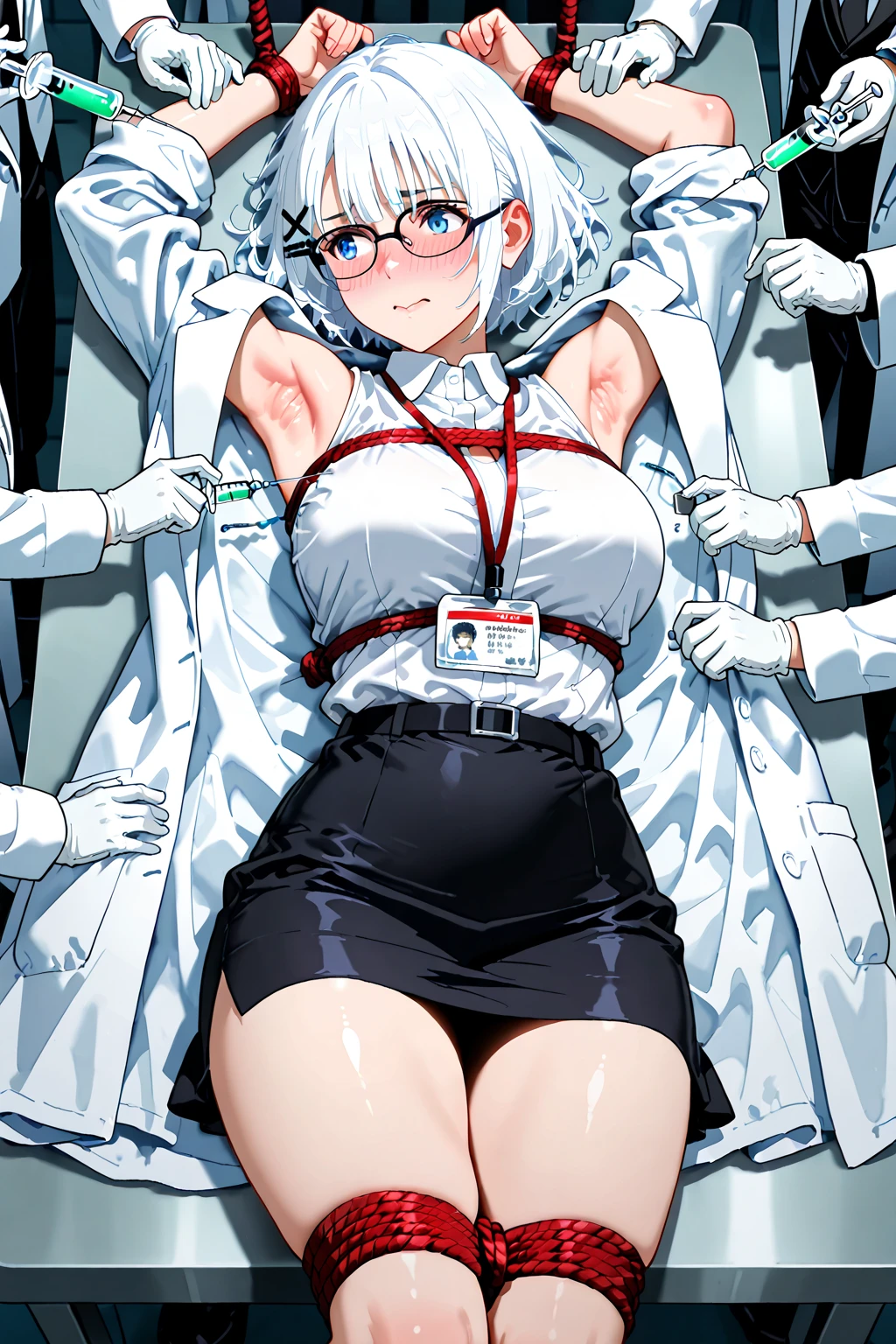 score_9, score_8_up, source_anime, 1girl, solo,(masterpiece, best quality, detailed), 1girl, solo, looking at viewer, green hair, ponytail, glasses, brown eyes, scientist, labcoat,.(bound wirsts), (arms behind back), (tapegag, tape gag), dramatic, (looking at viewer), (detailed pupils:1.3), ,red rope, thick rope,normal breast,full body