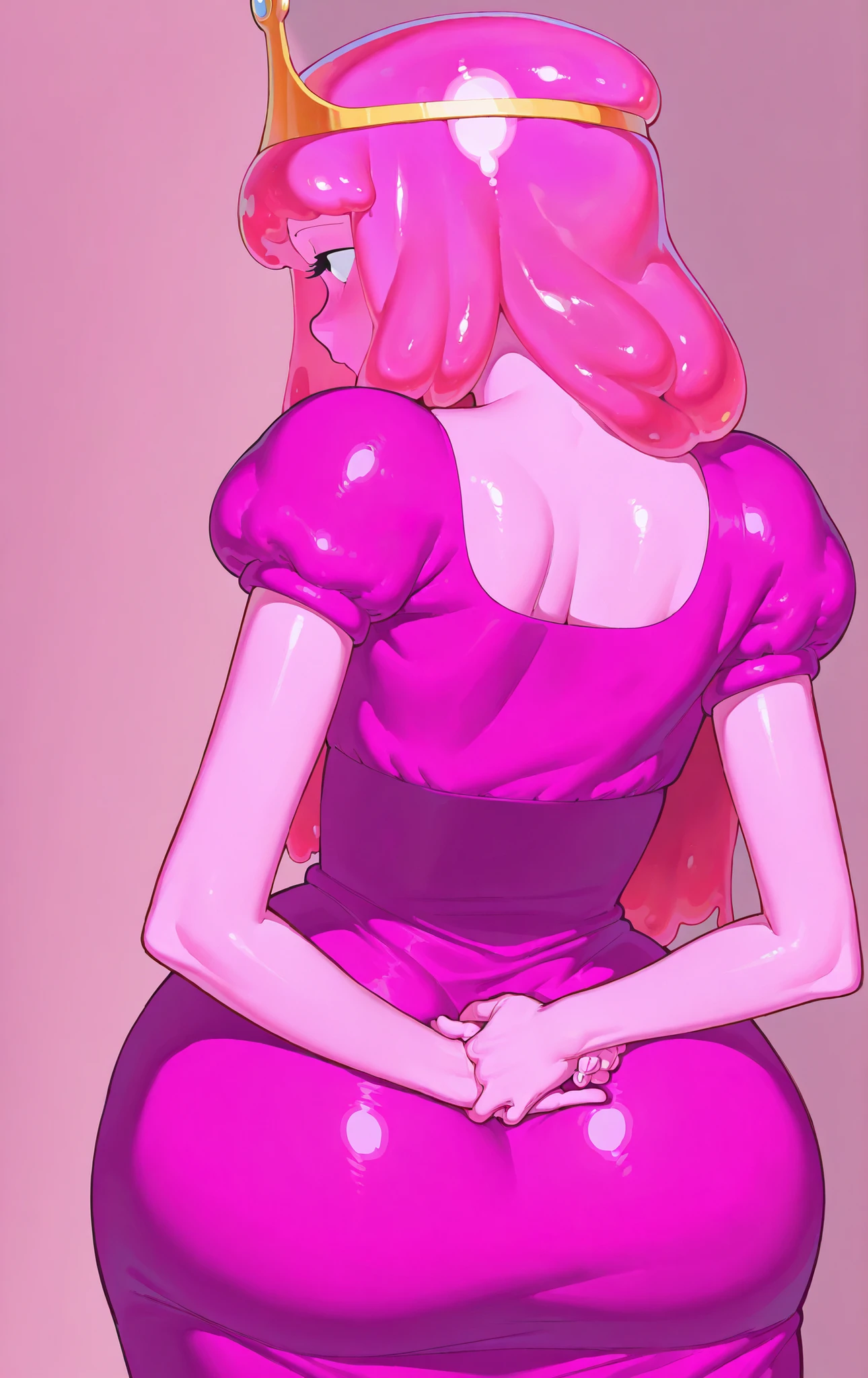 High quality, 1 girl, Princess Bubblegum ((Princess Bubblegum )) from Adventure Time, big hips, cout dress, She is upset, looks disapprovingly, She is on her back arching her back showing her ocks, one hand holding her ocks, Her hand is holding her own ock