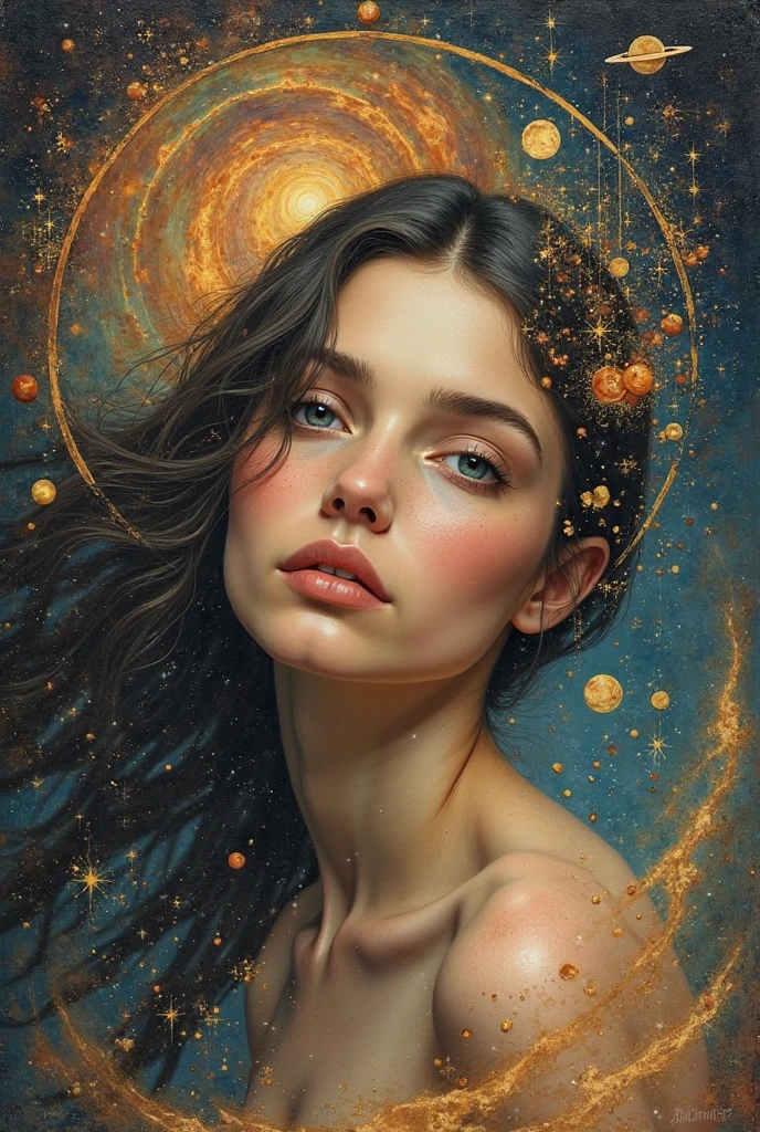 best quality,realistic,portrait,"toppless woman","beautiful detailed eyes","soft and delicate skin","long flowing hair","elegant and graceful pose","subtle lighting","subtle background","oil painting style","vivid colors" very slutty ,space background