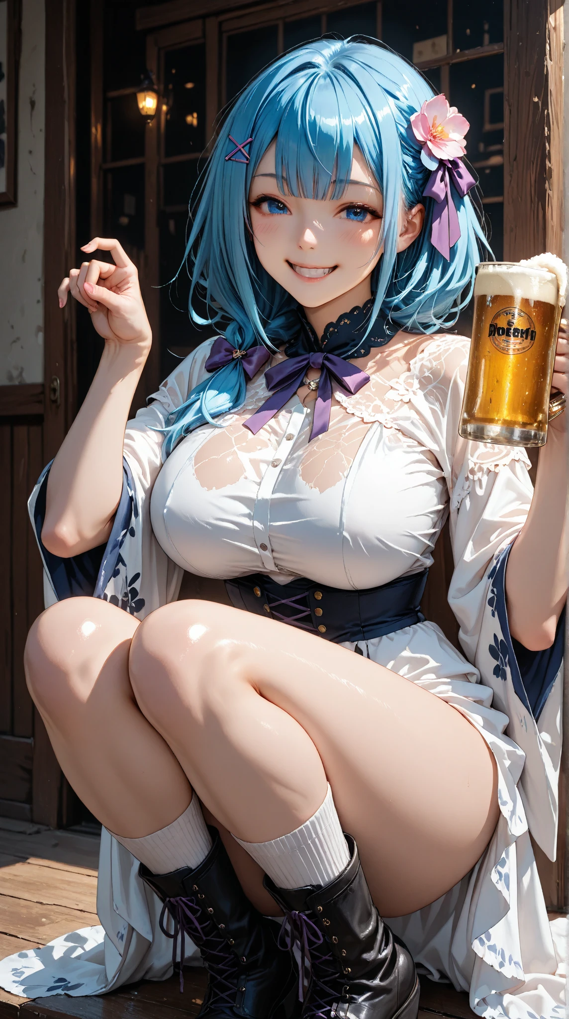 work of art, best qualityer, high resolution, aaaqua, long hair, hair blue, hair rings, hair ornament, choker, bared shoulders, green bow, shirt blue, detached sleeves, blue skirt, thicc thighs, pub, sitting down, holding the cup, beer mug, ssmile, gaping mouth,