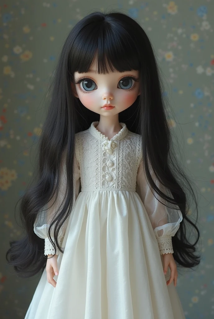 Blythe doll with chest-length layered black hair, no bangs, dark brown eyes and wide nose, small lips with cupid's bow