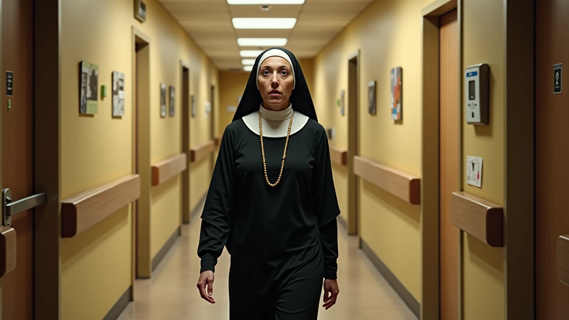 A white nun hanging in a rope, background green screen 