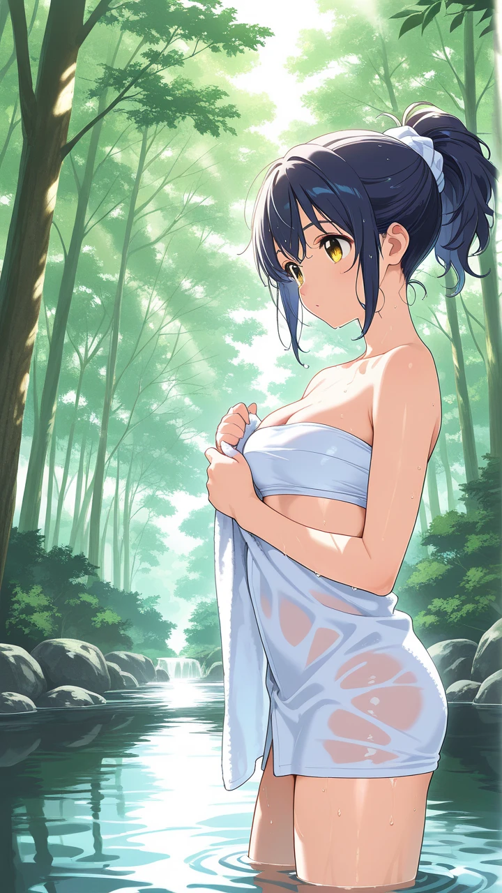 shinkai makoto, Kimi No Na Wa., 1 boy, Shaved head, , Boys are behind girls, Touching the chest, Rubbing breasts from behind, grab, grabbing chest,chestgrab behind back, Remove your bra, Hold the bra, Embrace, Embrace, Kiss on the neck, One girl, Black Hair, Waterfall knitting, Red ribbon, Long Hair, Brown eyes, blue star necklace, Light Cardigan Pink, Open shirt, Yellow shirt Open shift, belly button, cute, Open your mouth, whole body, Long sleeve, Cowboy Shot, masterpiece, On a date, Blushing, Bedroom, night, Sit on the bed , Shaved head,Topless,Nipples are erect,Armpit sweat,Shyness,clear,High exposure,Having my armpits licked,His arms are tied and he is hanging from a rope、A beautiful adult woman with long hair、Underhair grows