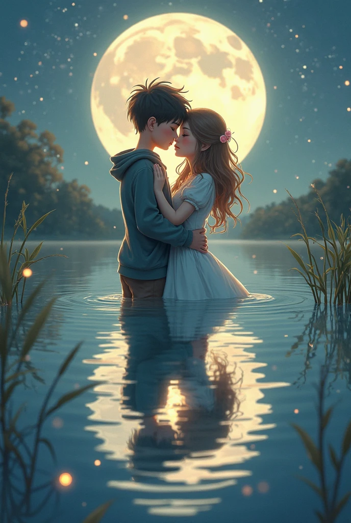 Create 3D image.one boy and girl heart broked heart.the boy and girl wear black colour full sleeve tshirt dark full sleeve had a little chain .they are sitting the boat at Lake one moon.