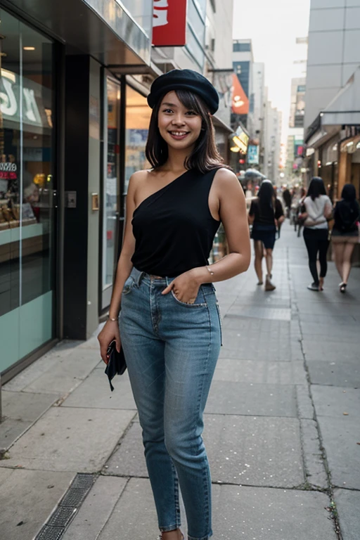 Full shot of a black haired indian womanwith a big smile and big boobs walking down a street in india , realistic light, dynamic pose, shot on kodak gold 400